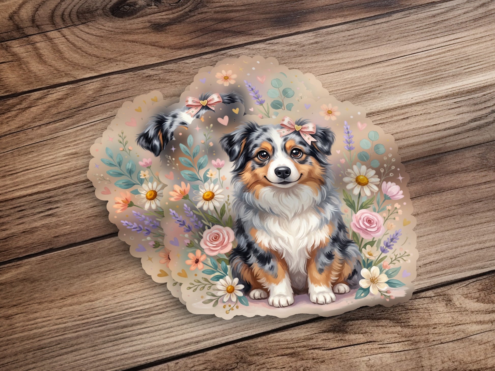 Australian Shepherd dog with flowers and ribbons.