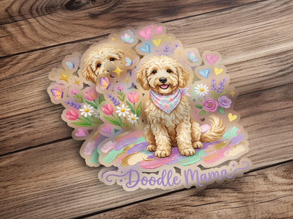 Goldendoodle dog with colorful background and "Doodle Mama" text.