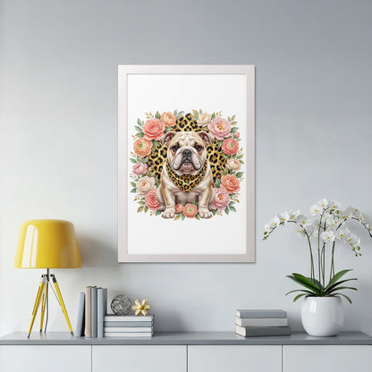 Bulldog in a floral wreath, wearing a leopard print bandana.