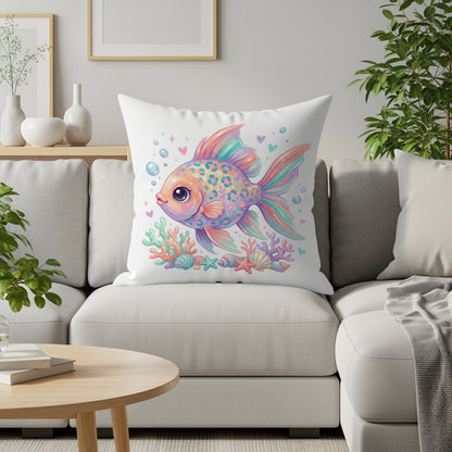 Colorful cartoon fish with seashells on a pillow.