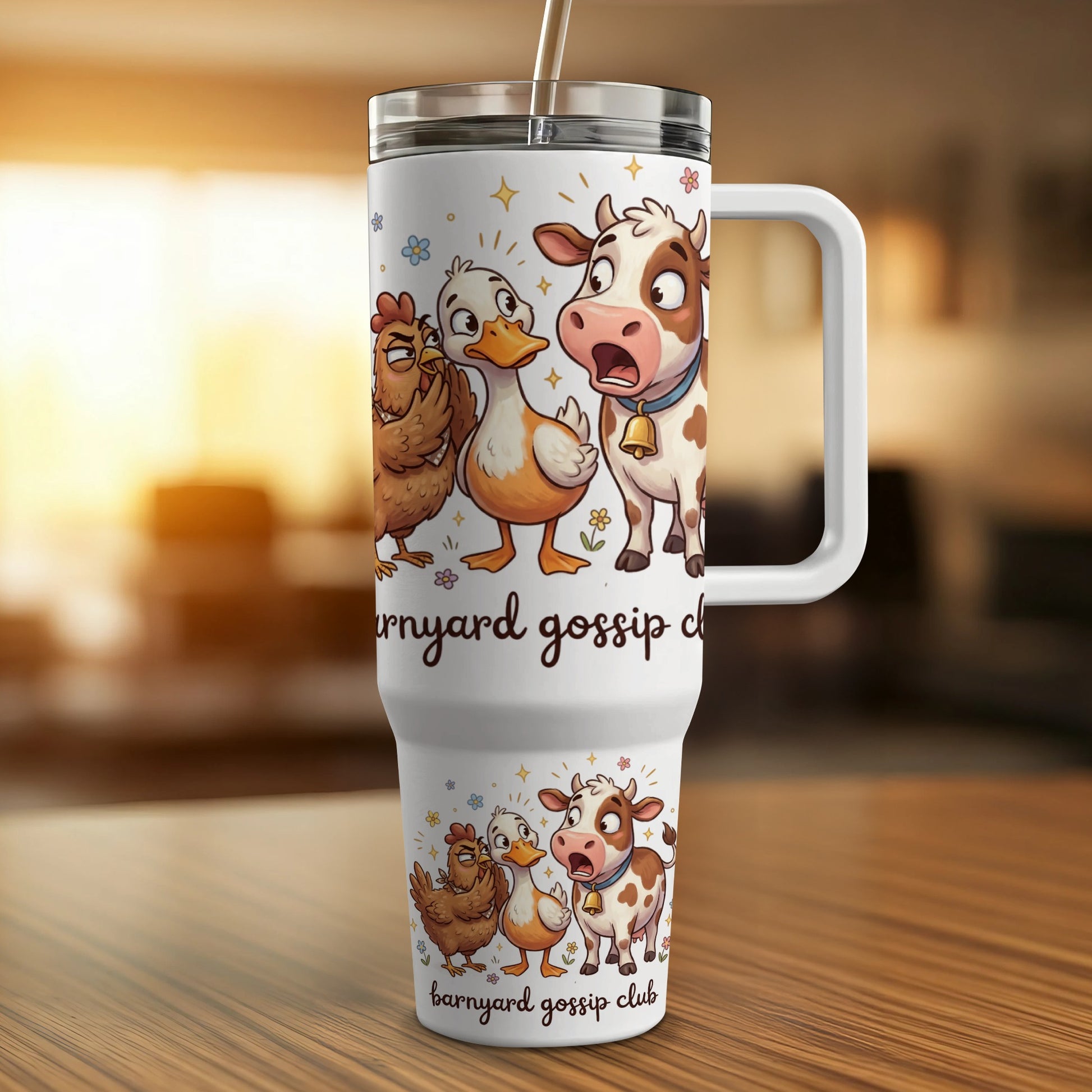 Farm animals with cartoon eyes on a white tumbler with "barnyard gossip club" text.
