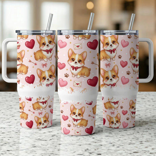 Three pink tumblers featuring a cute corgi dog, hearts, and polka dots.