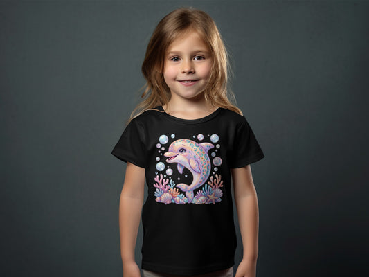 Black t-shirt with a smiling girl wearing it, featuring a colorful cartoon dolphin.