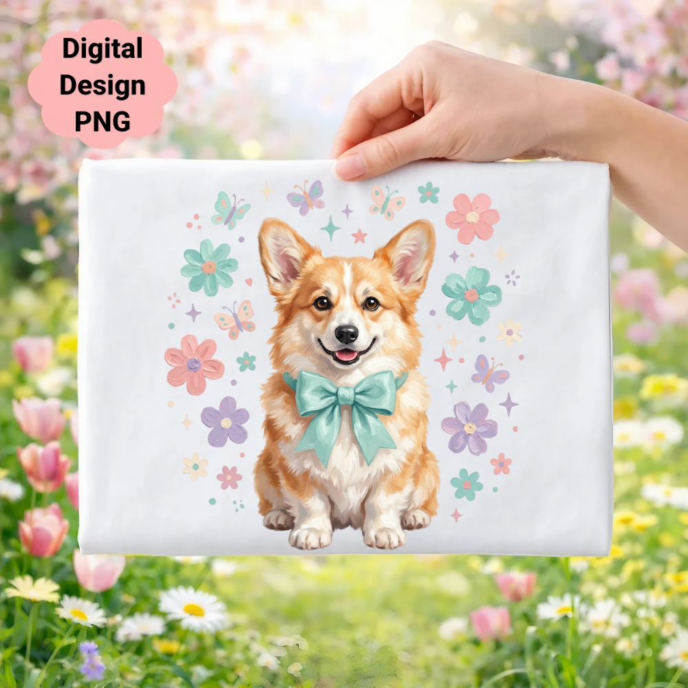 Corgi with bow tie surrounded by flowers and butterflies.