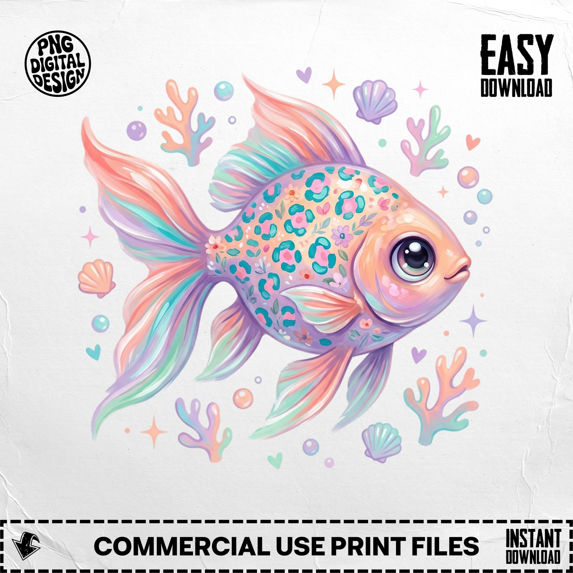 Colorful watercolor goldfish illustration with coral and seashells.
