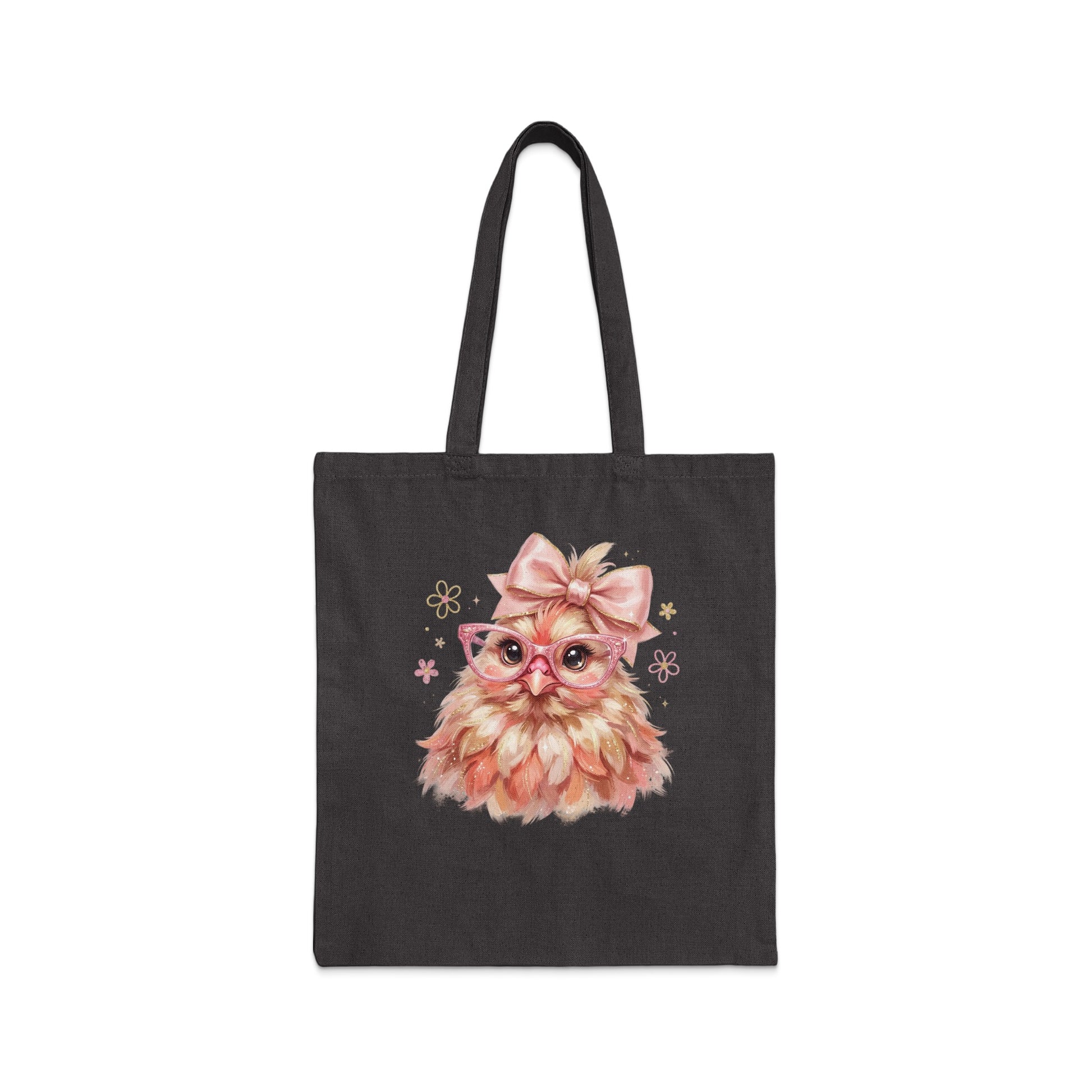 Dark grey tote bag with cartoon owl wearing pink glasses and bow.