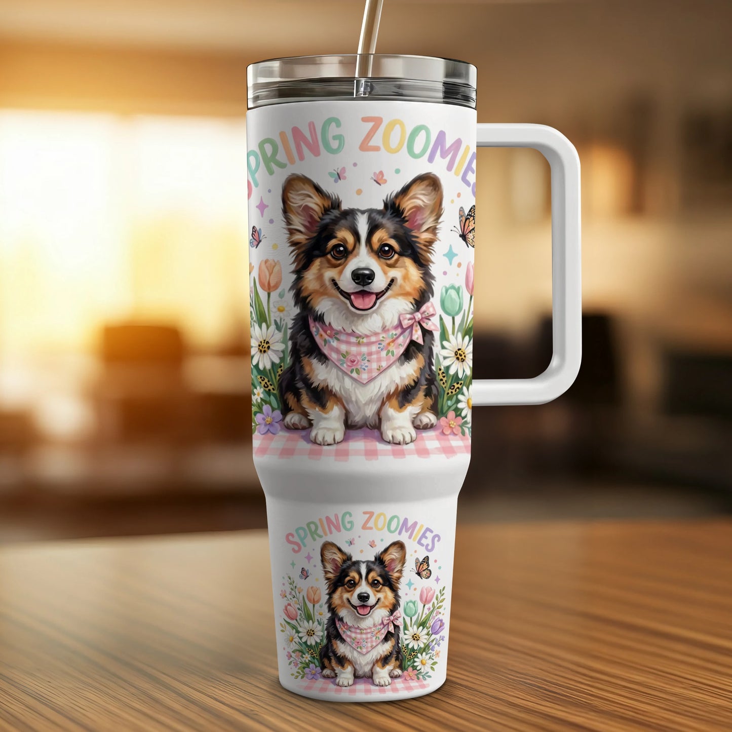 Corgi with bandana on tumbler, surrounded by spring flowers and butterflies.