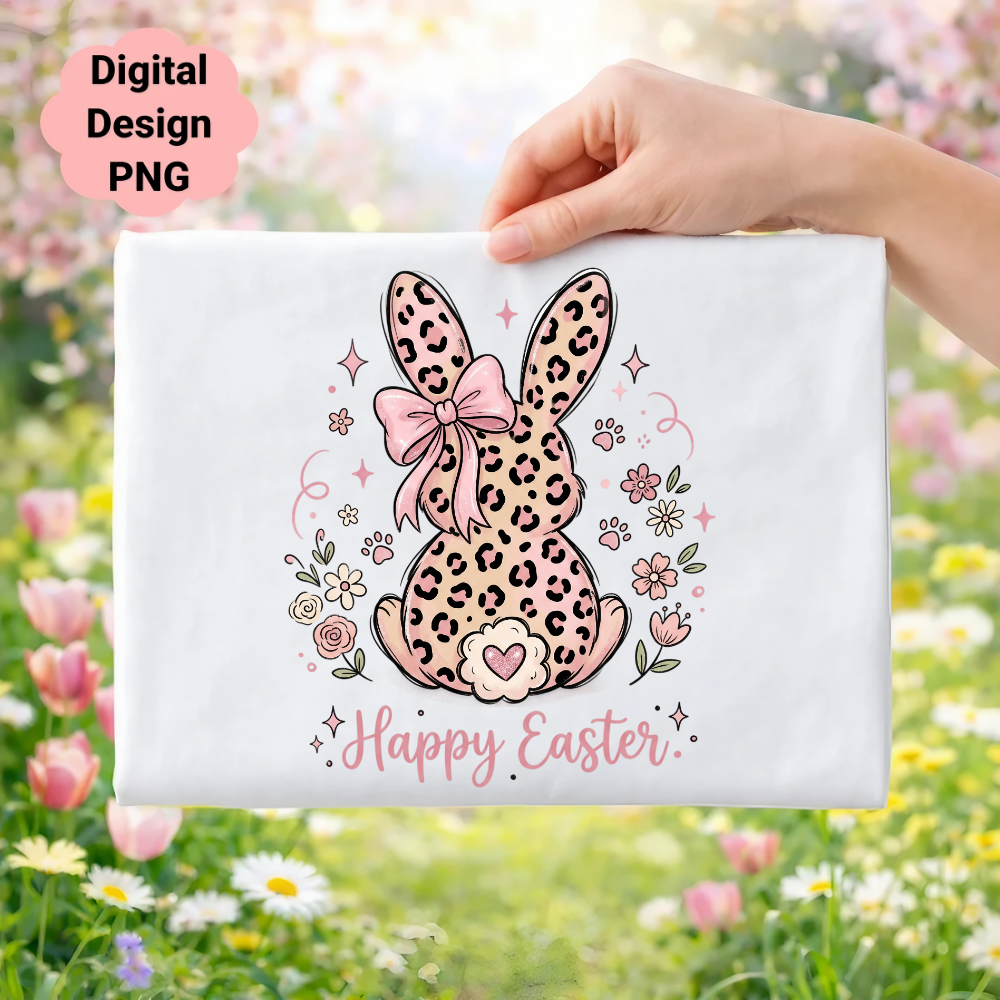 Leopard print Easter bunny with pink bow, flowers, and "Happy Easter" text.