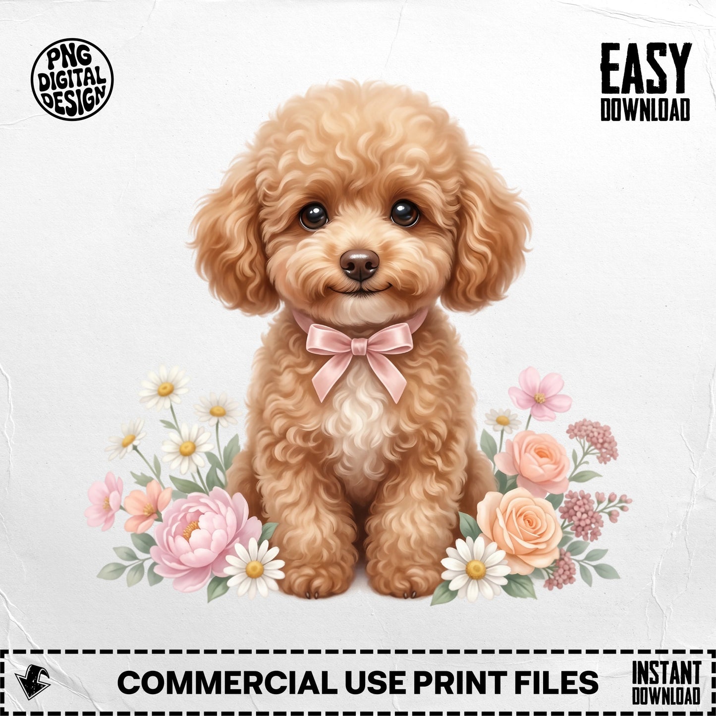 Fluffy light brown poodle with pink bow sitting among flowers.