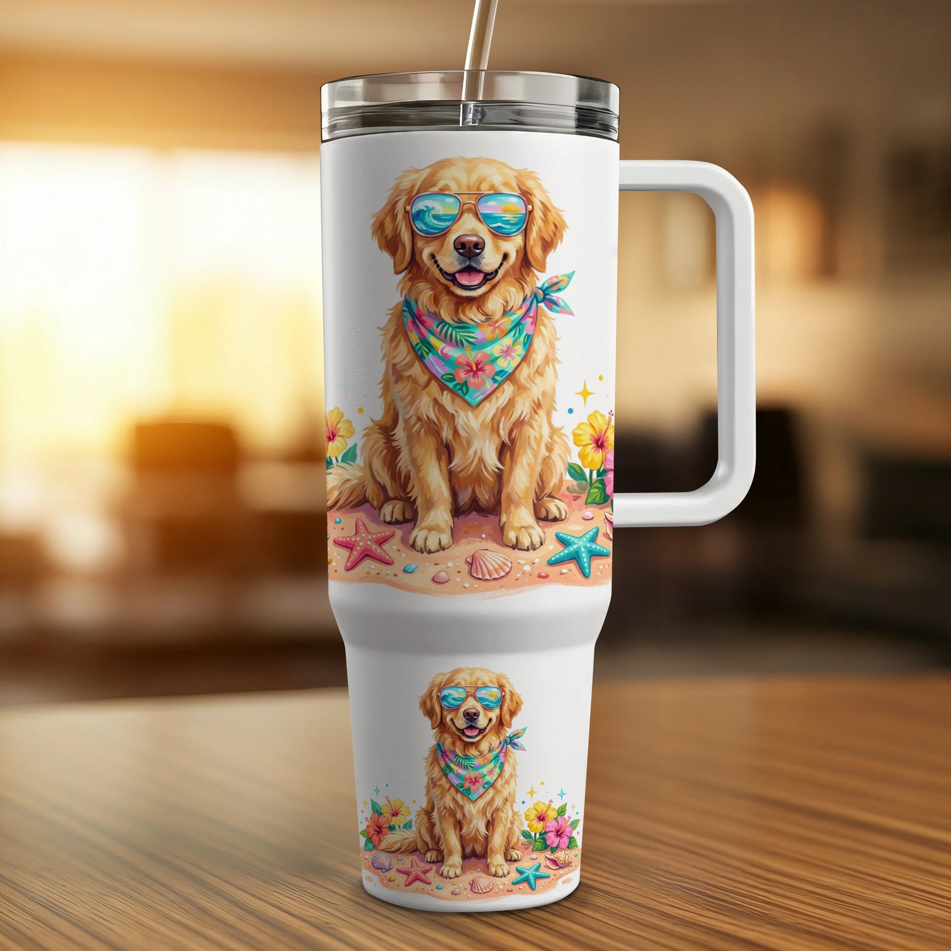 Golden retriever wearing sunglasses and a bandana on a beach, two tumblers.
