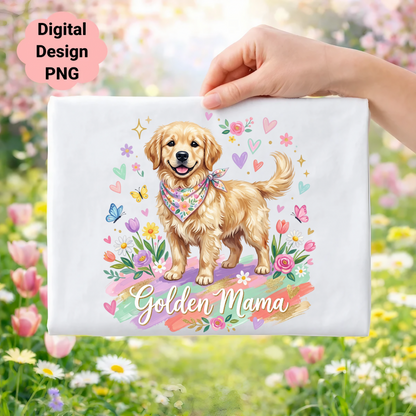 Golden Retriever wearing bandana with "Golden Mama" text, surrounded by flowers.