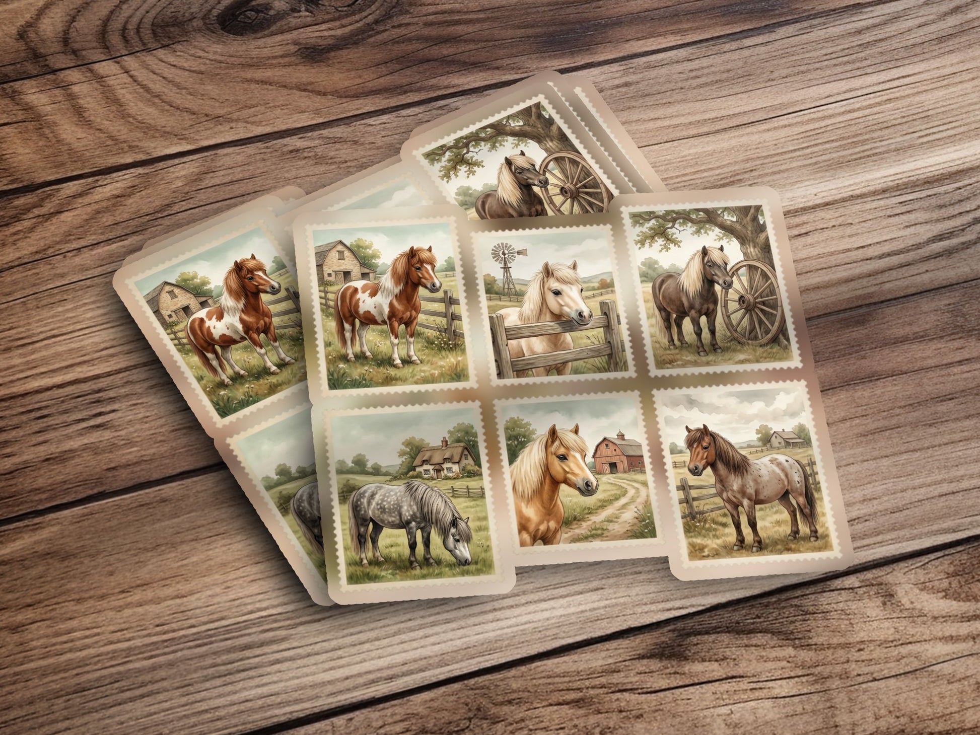 Stamps featuring horses and farm scenes on a wooden surface.