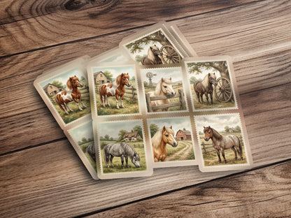 Stamps featuring horses and farm scenes on a wooden surface.