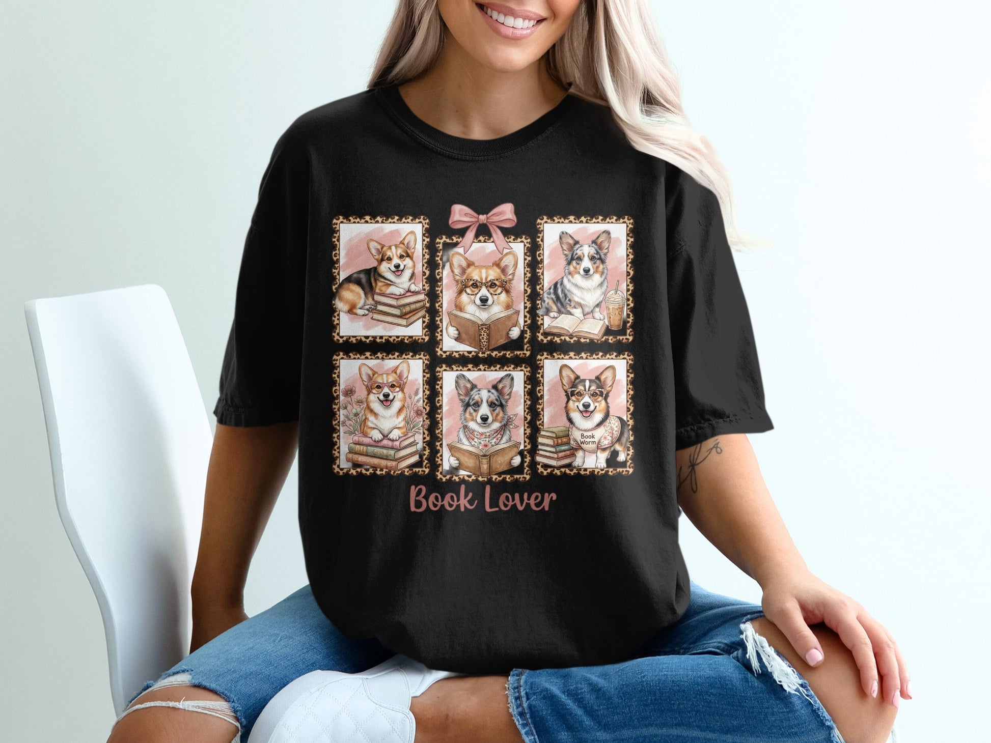 Black t-shirt featuring six corgi illustrations reading books.