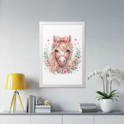 Watercolor portrait of a pink horse with a floral wreath, wearing a bow.