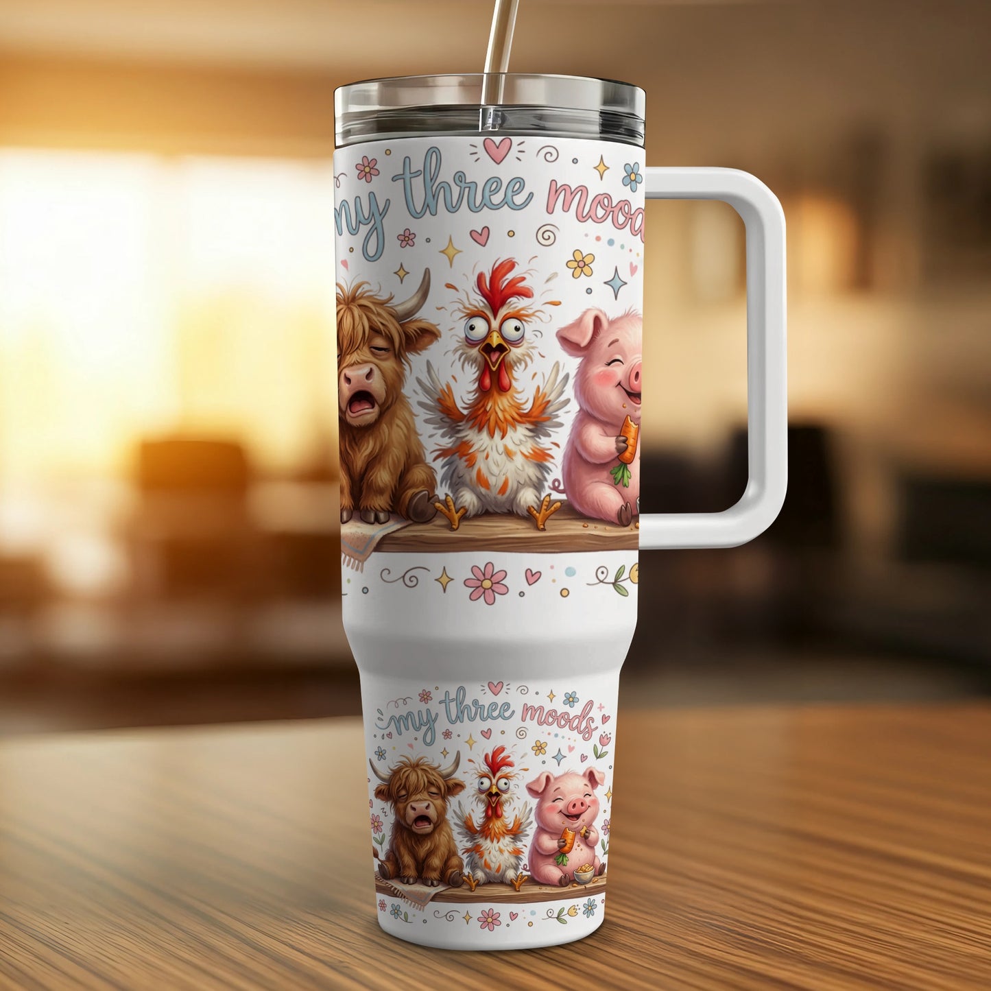 Tumbler with three cartoon farm animals: a crying cow, a happy chicken, and a smiling pig.