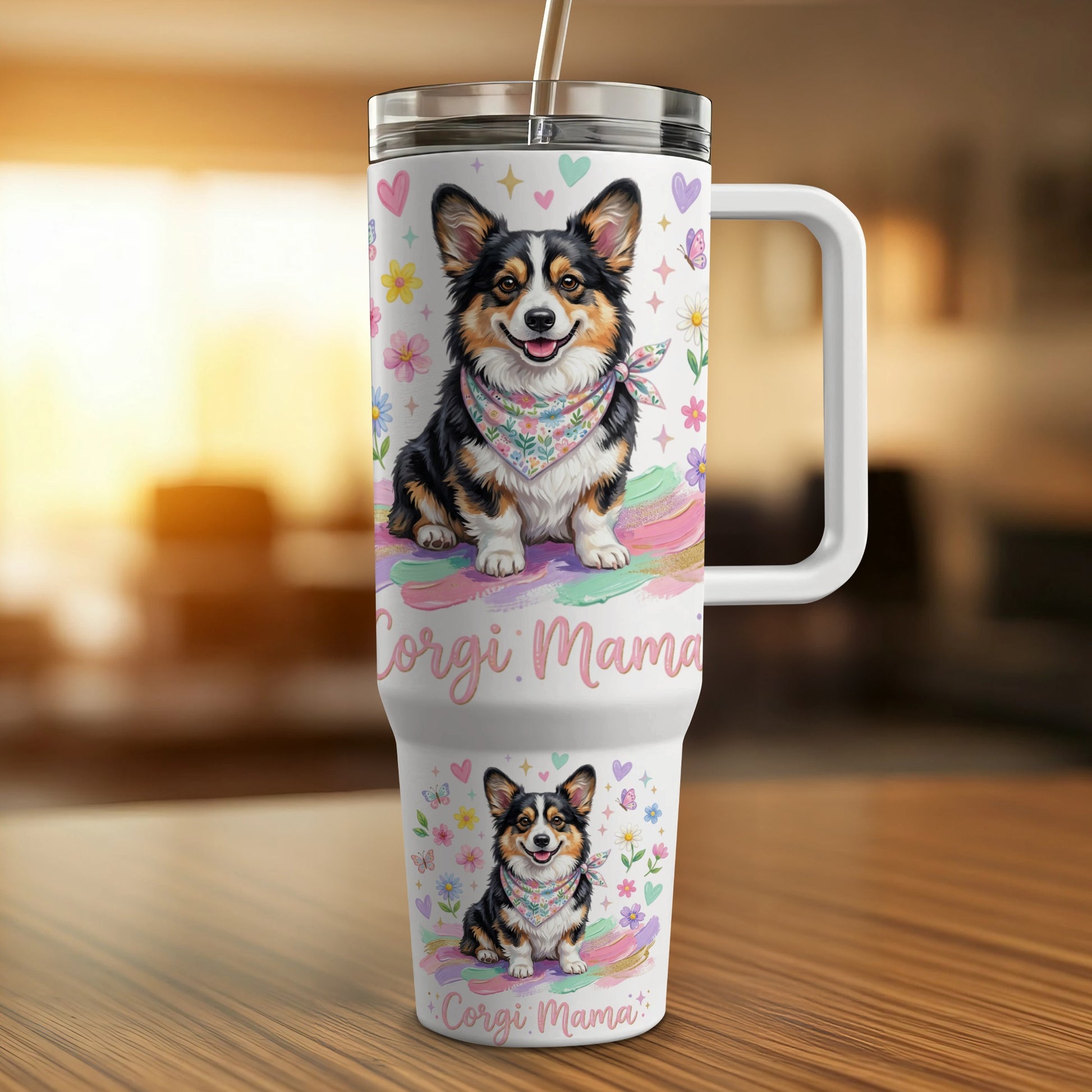 Corji Mama tumbler with corgi dog wearing bandana, butterflies, and flowers.