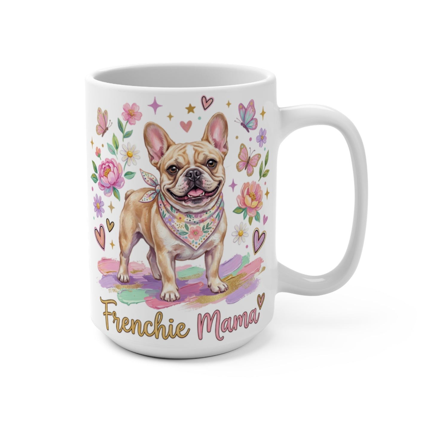 French Bulldog wearing a bandana on a mug with flowers and butterflies.