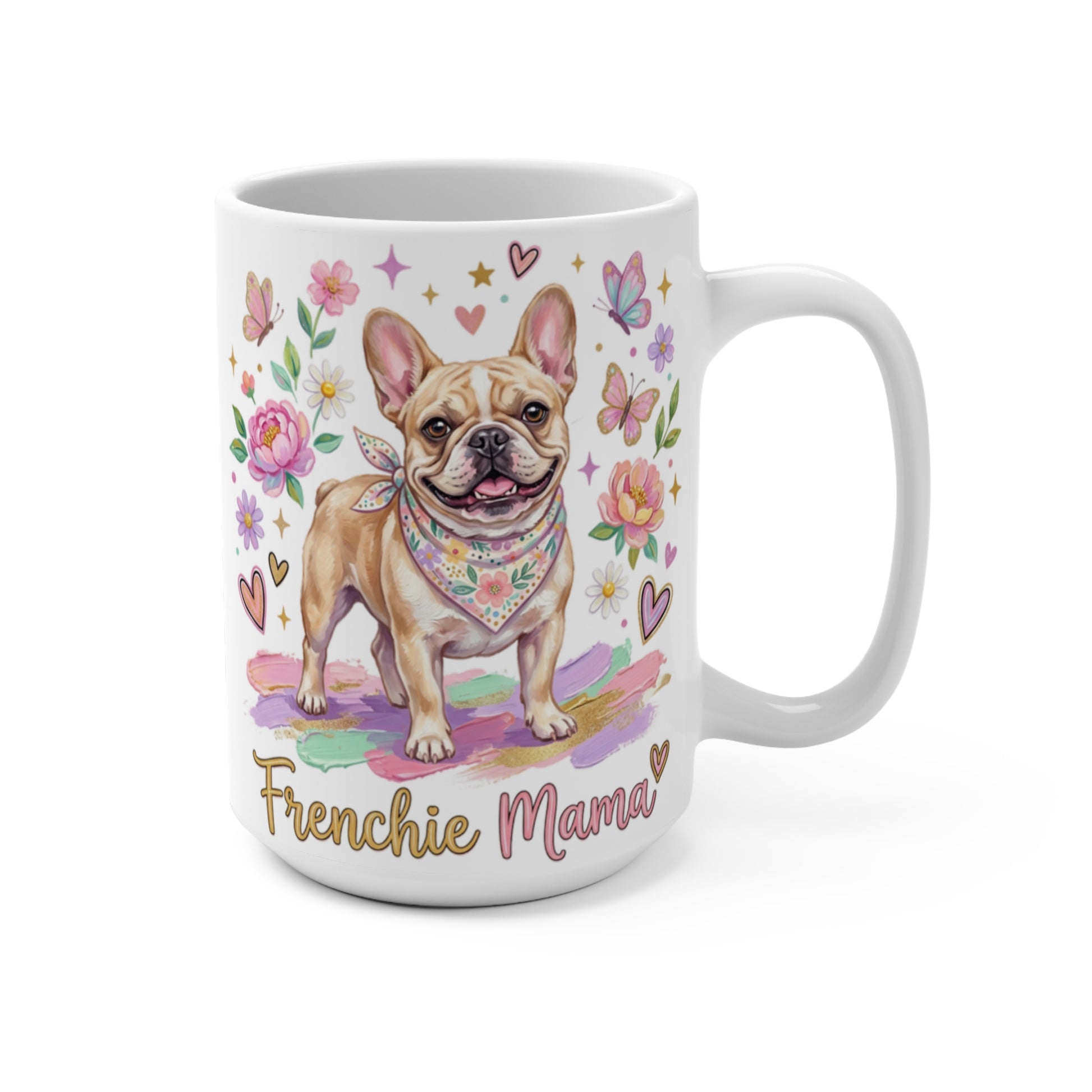 French Bulldog wearing a bandana on a mug with flowers and butterflies.