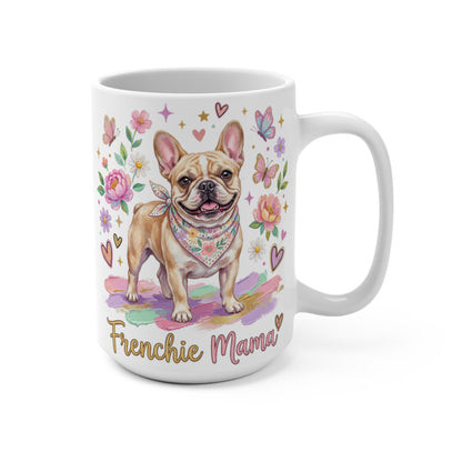 French Bulldog wearing a bandana on a mug with flowers and butterflies.