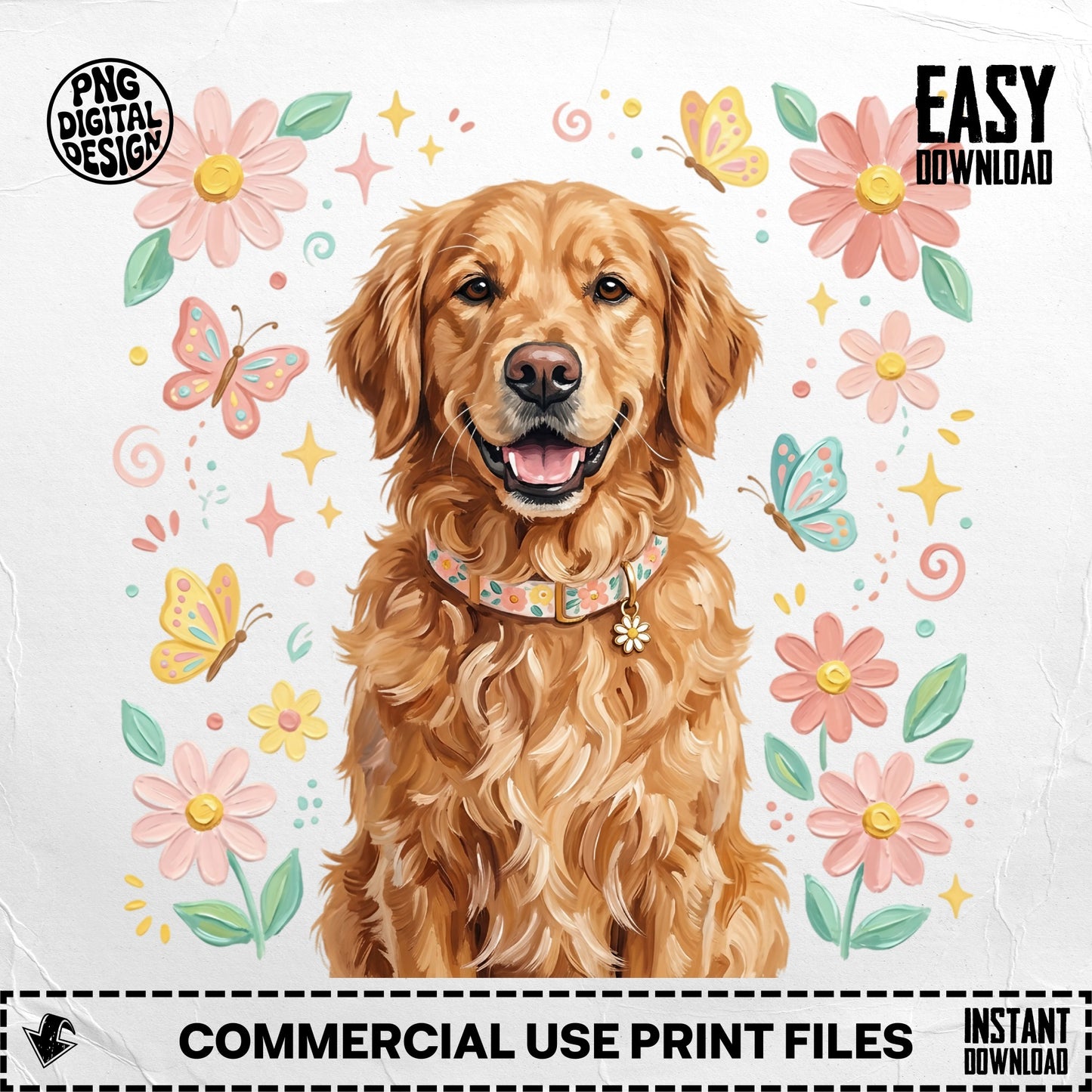 Golden Retriever with butterflies and flowers, "Easy Download" text.