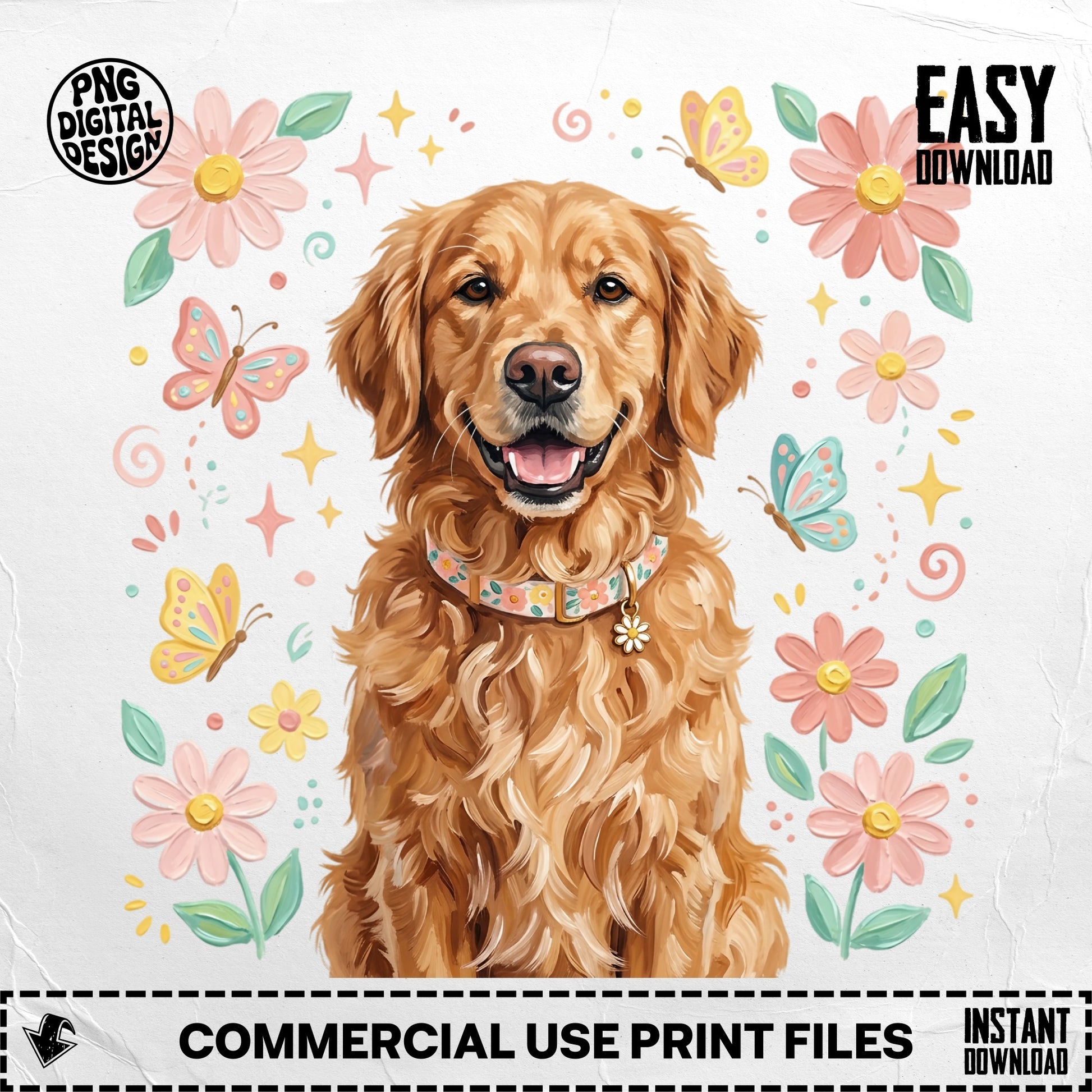 Golden Retriever with butterflies and flowers, "Easy Download" text.