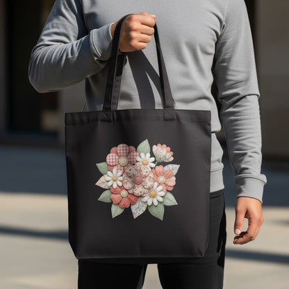 Black tote bag with a floral bouquet design.