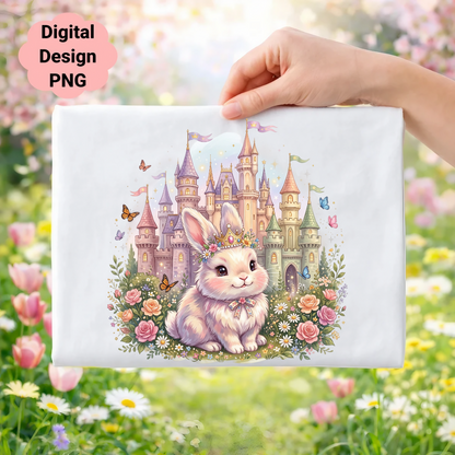 Cute bunny in crown with flowers and castle, digital design.