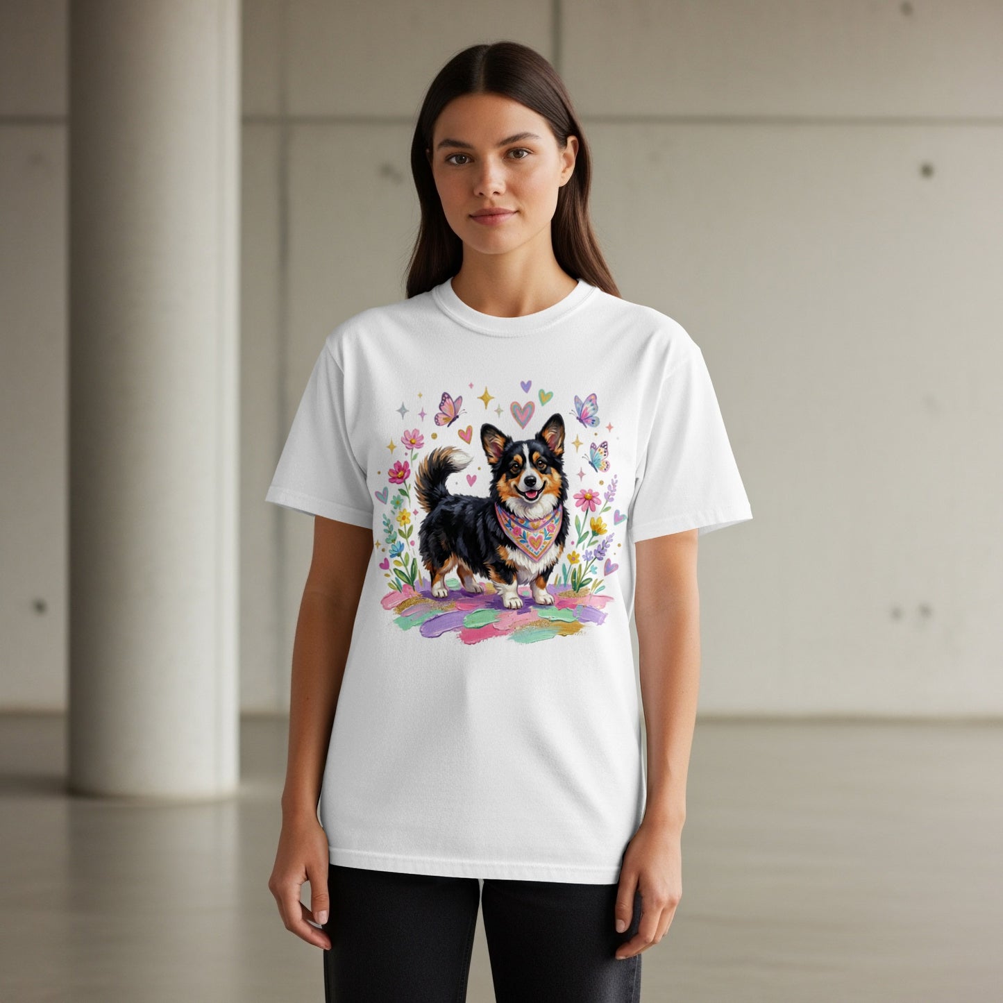 White t-shirt with a colorful corgi illustration and floral accents.
