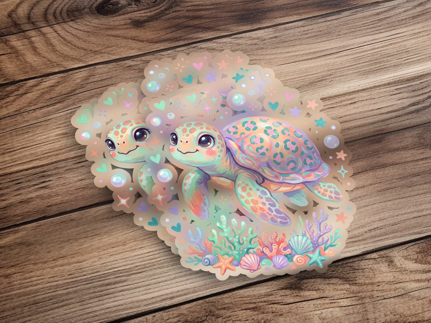 Two cartoon sea turtles with coral and starfish, holographic sticker.