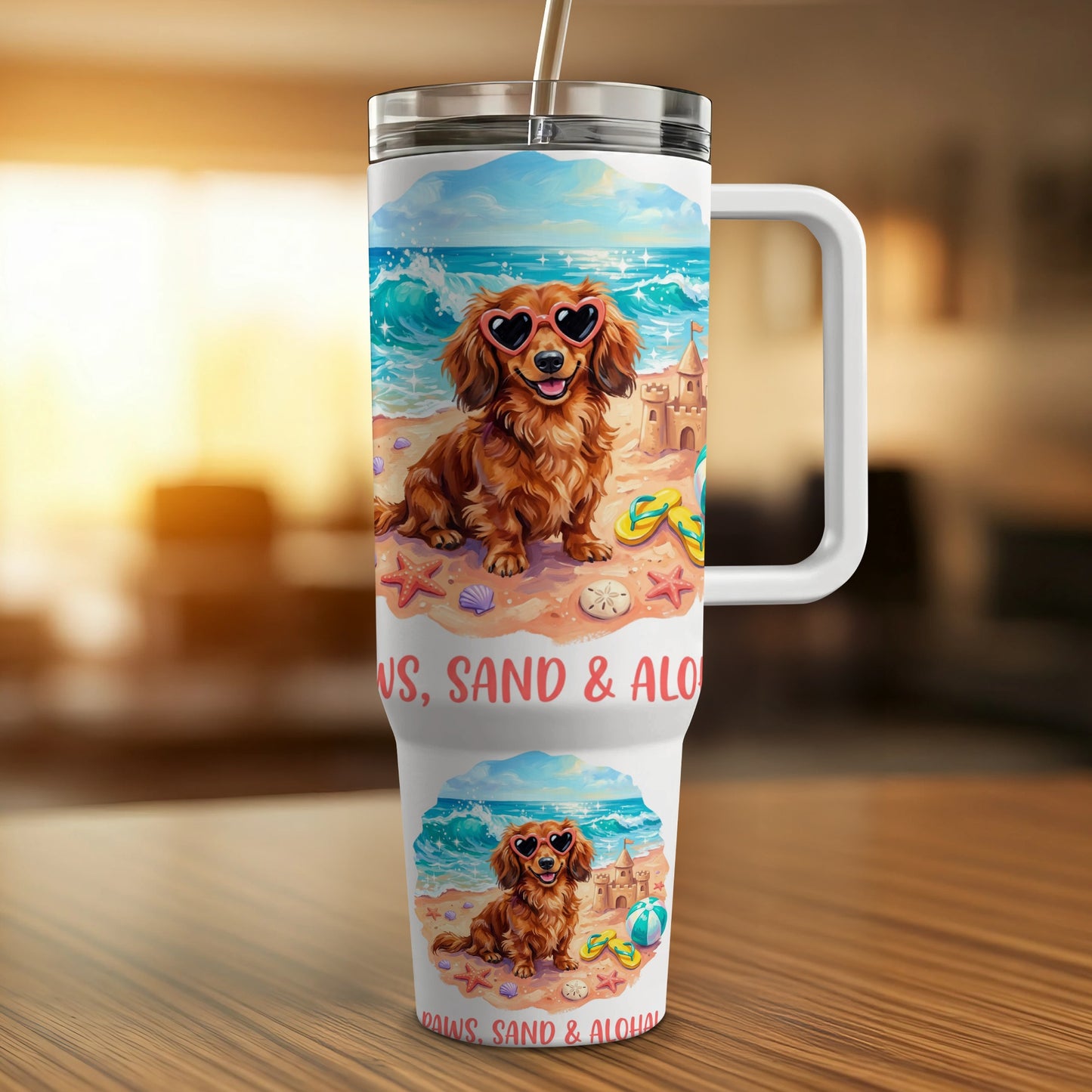 Dog wearing heart sunglasses on beach with "Paws, Sand & Aloha" text.