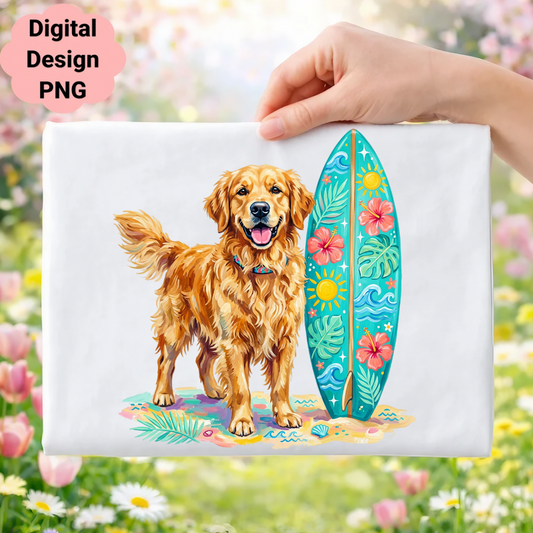 Golden retriever with surfboard on sandy beach with tropical flowers and sun.