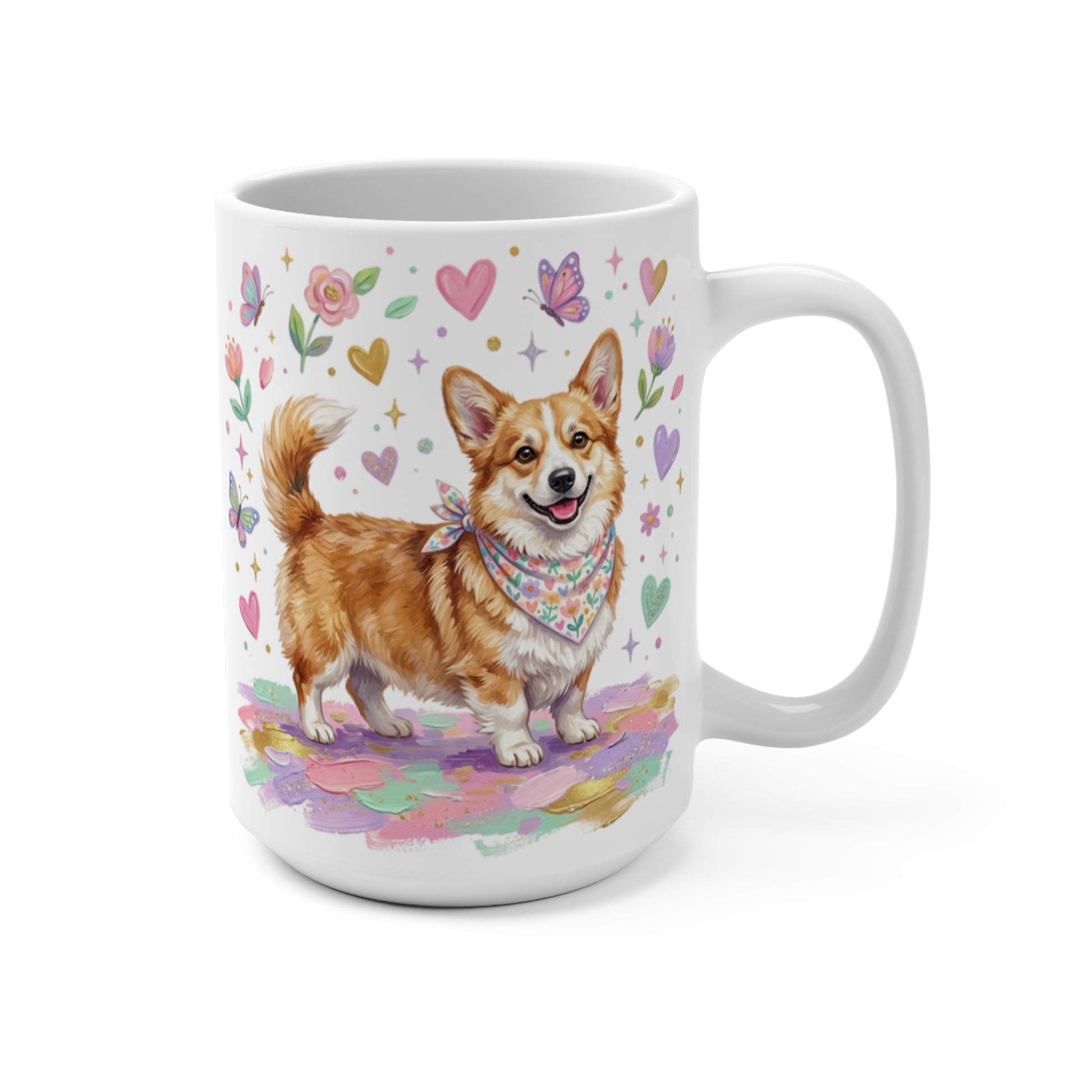 Corgi wearing bandana on colorful painted background with butterflies and flowers.