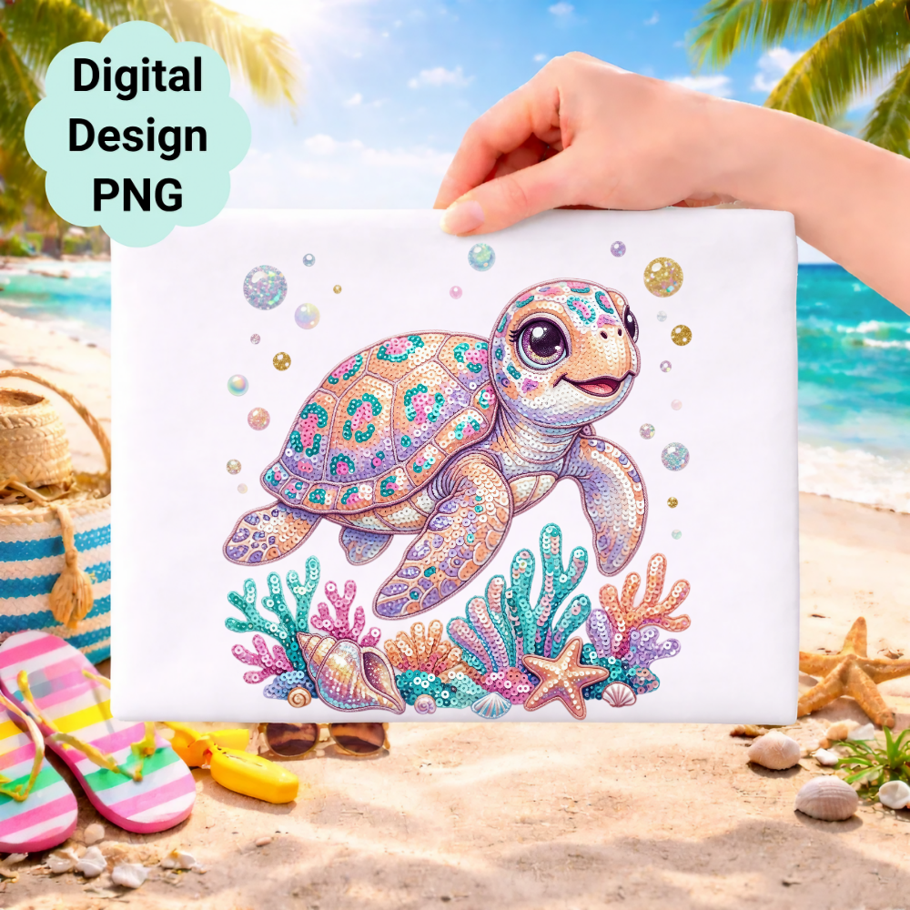 Cute cartoon turtle with colorful shell on a beach background.