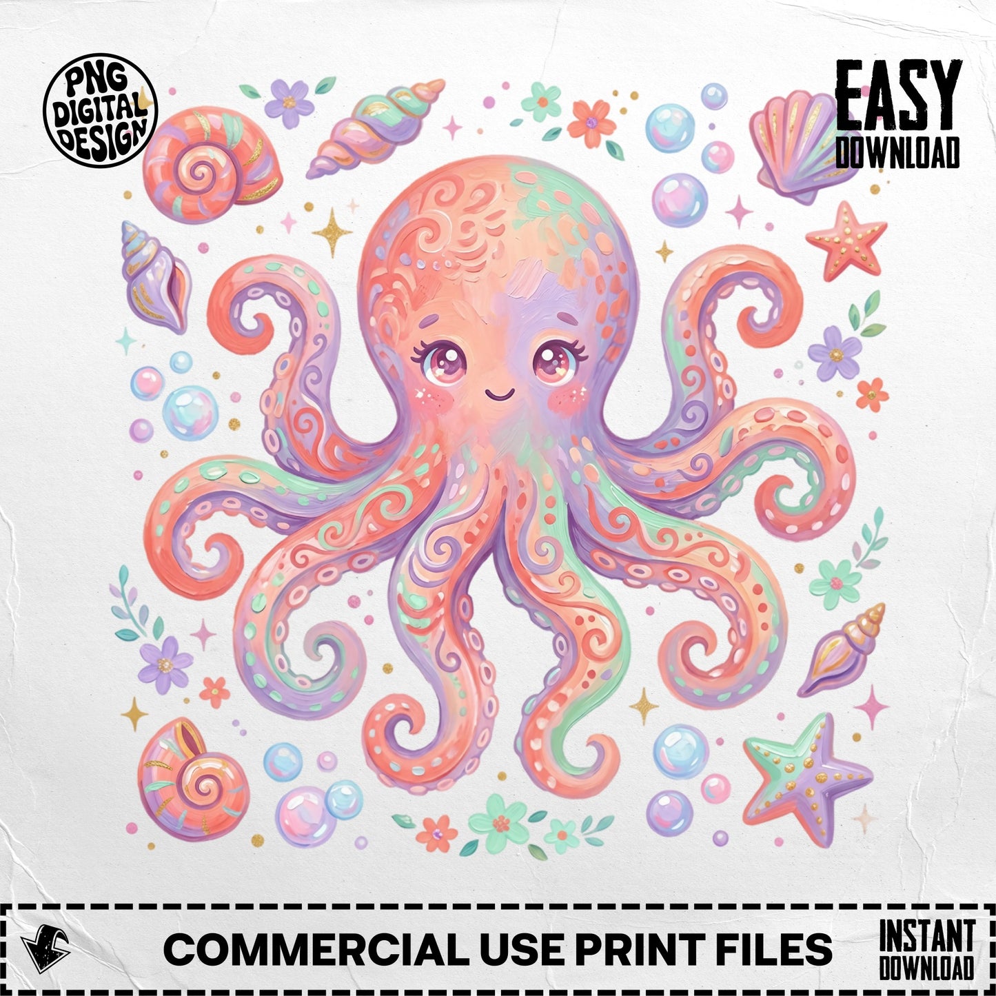 Cartoon octopus surrounded by seashells, starfish, and bubbles.