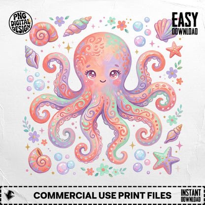 Cartoon octopus surrounded by seashells, starfish, and bubbles.