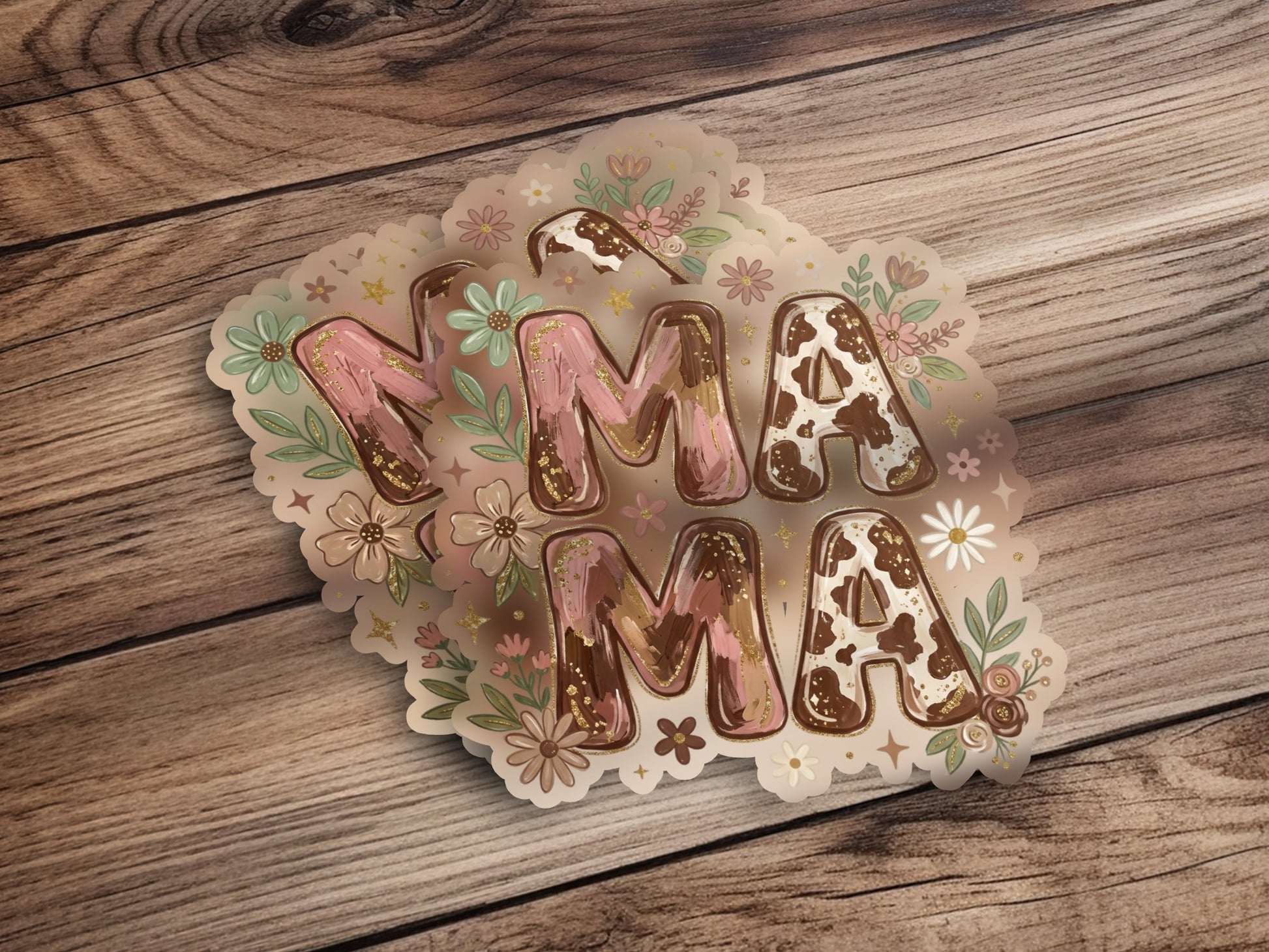 Mama decal with floral and cow print accents.