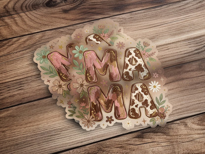 Mama decal with floral and cow print accents.