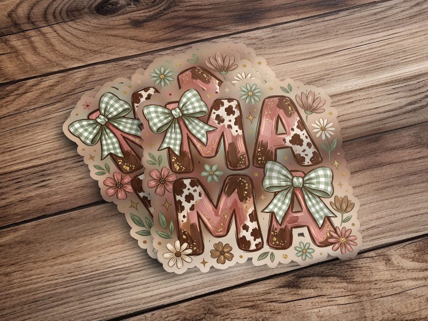 Brown and pink "Mama" letters with gingham bows and floral accents.