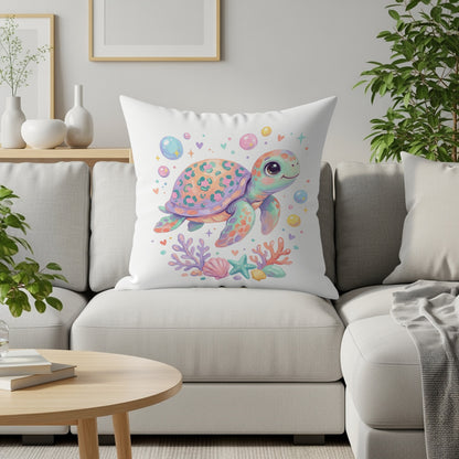 Colorful cartoon sea turtle illustration with bubbles and seashells on a white pillow.