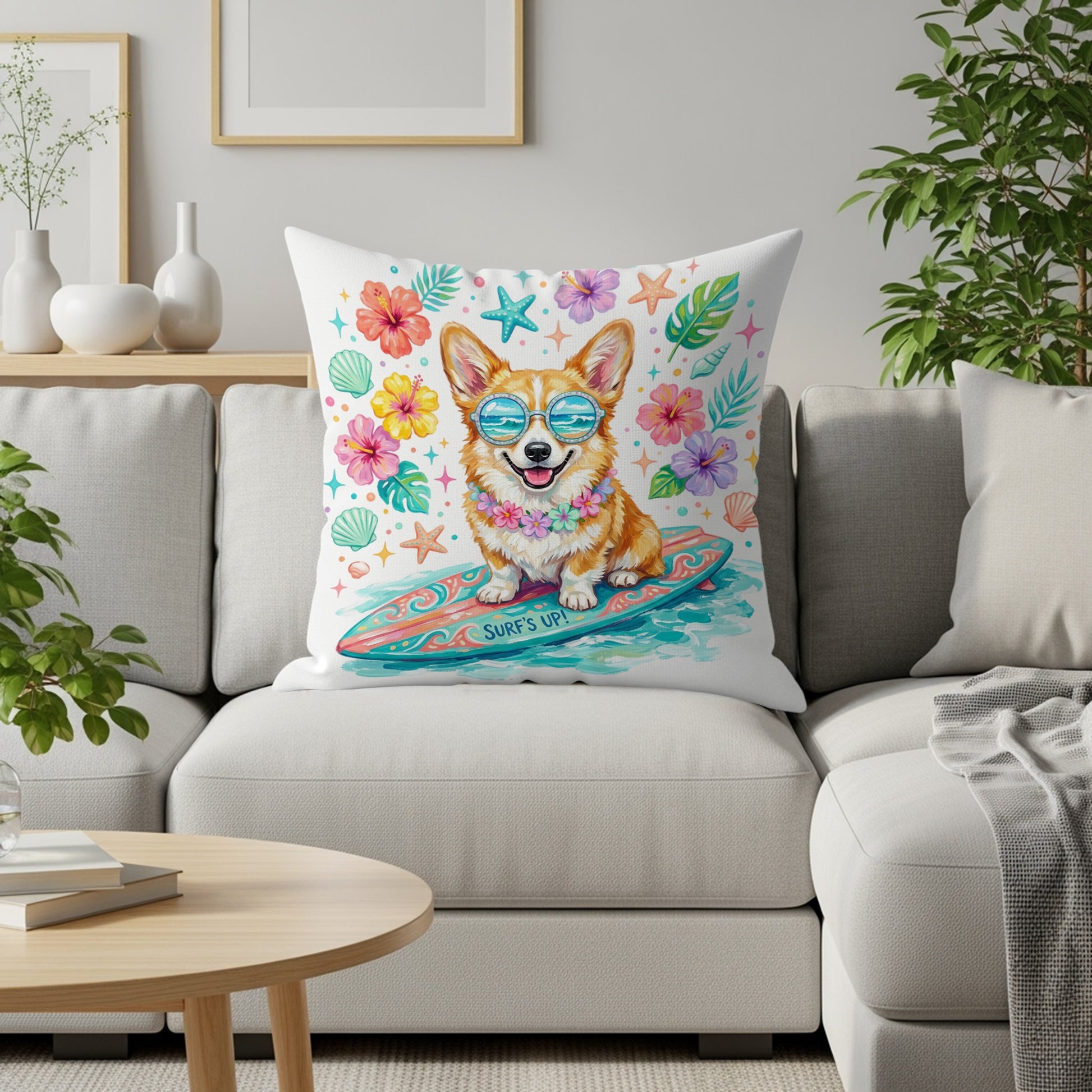 Corgi wearing sunglasses on a surfboard with floral accents.