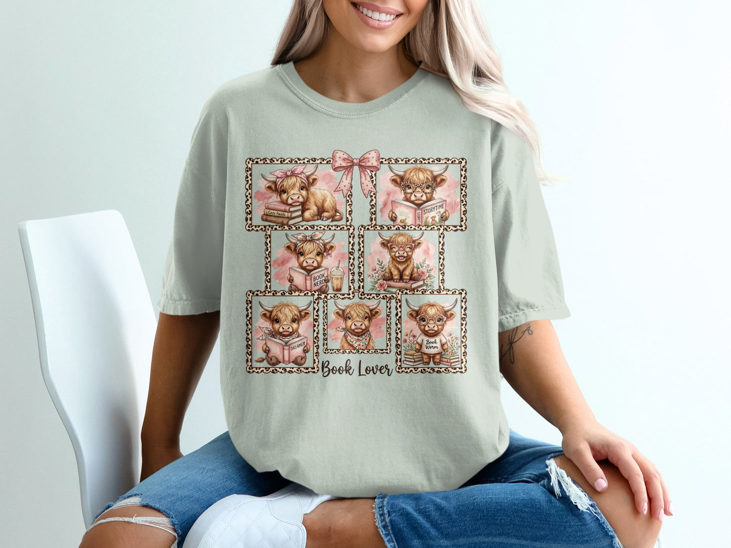 Collage of six cute cows reading books, framed by a leopard print border.