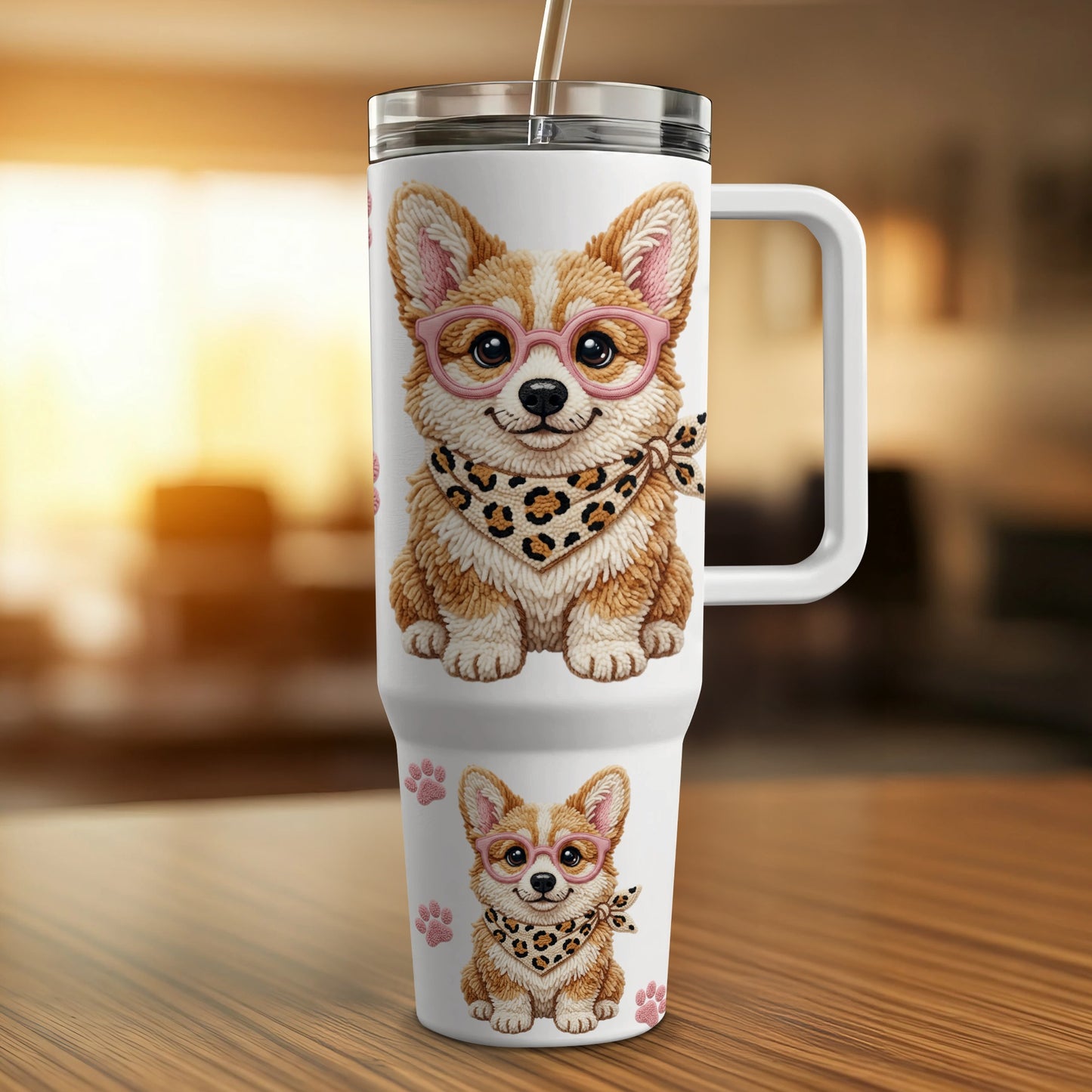 Corgi with pink glasses and leopard print bandana on travel tumbler.