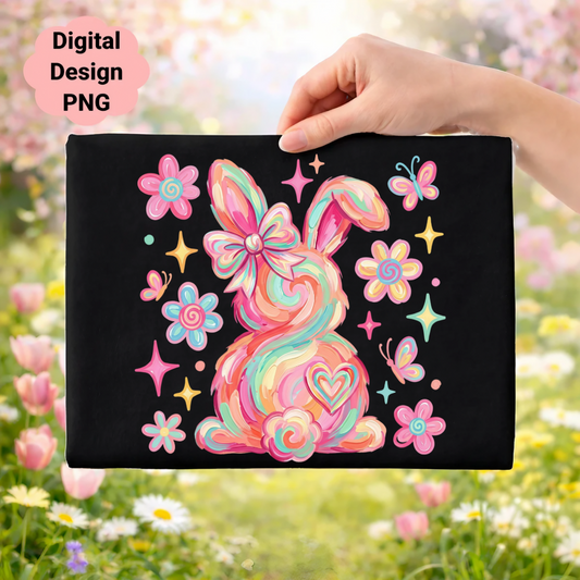 Colorful pastel Easter bunny with bow, heart, stars, and flowers on black background.