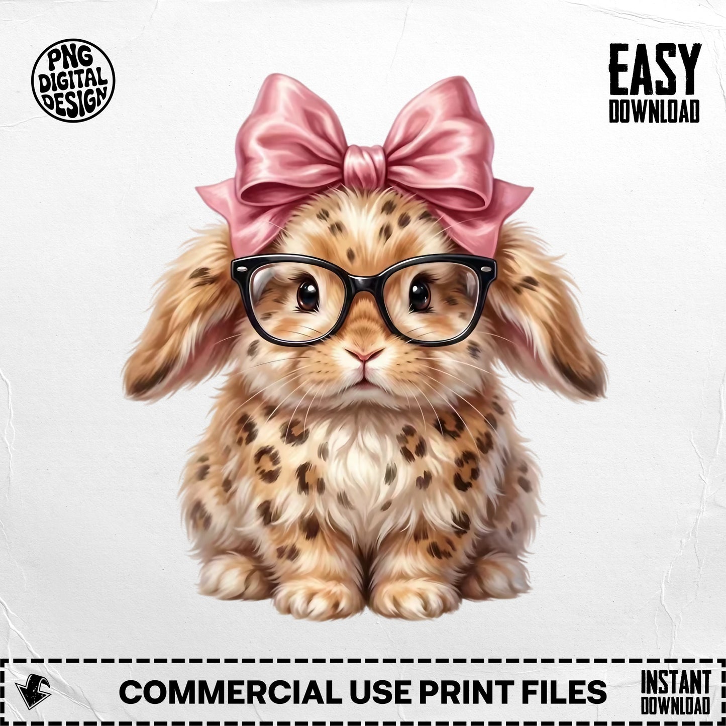 Fluffy leopard-spotted bunny wearing glasses and a pink bow.