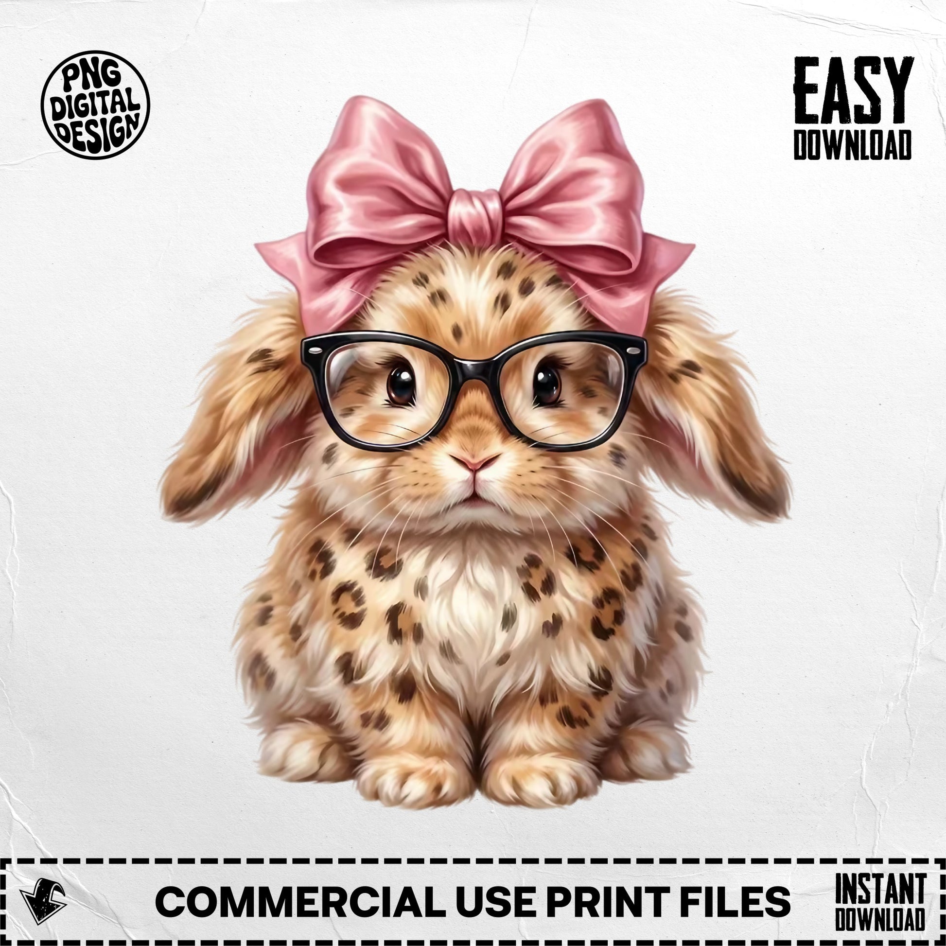 Fluffy leopard-spotted bunny wearing glasses and a pink bow.