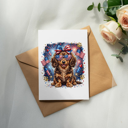 Dachshund wearing sunglasses with American flag design, on card with fireworks.