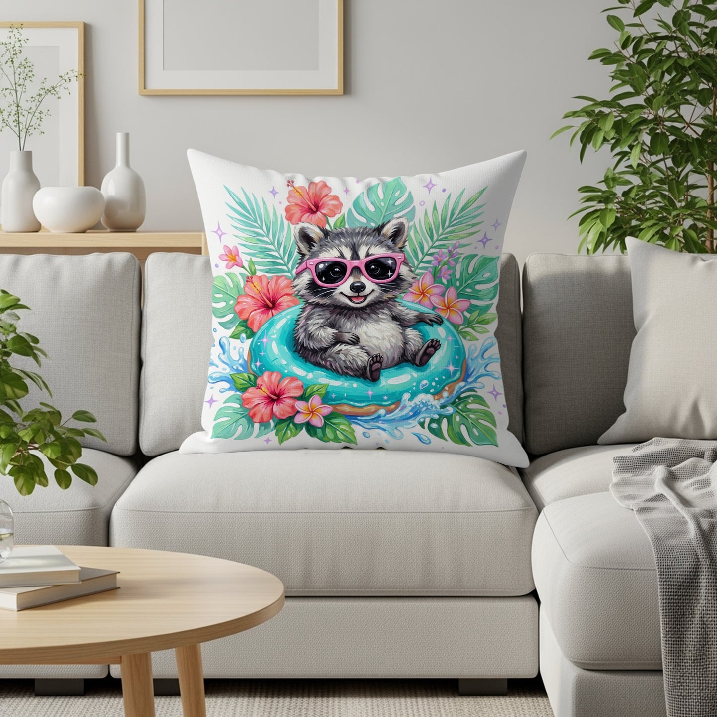 Raccoon in sunglasses on a float surrounded by tropical flowers.