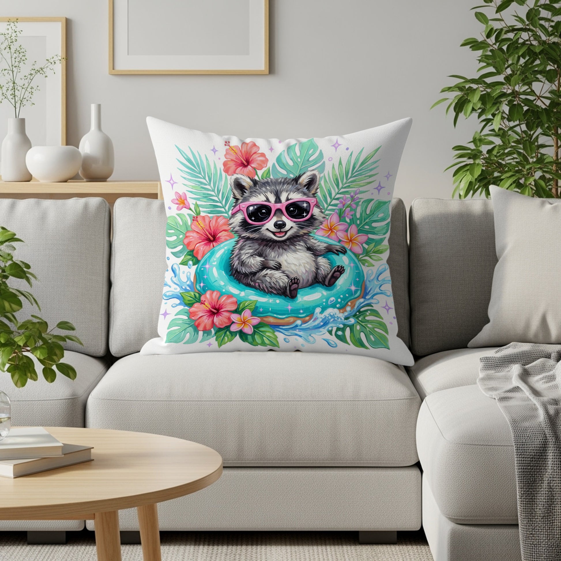 Raccoon in sunglasses on a float surrounded by tropical flowers.