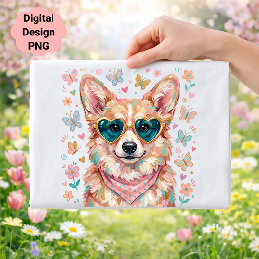 Corgi wearing heart sunglasses with floral and butterfly accents.